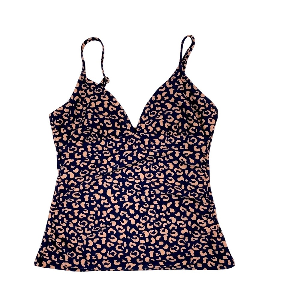Kona Sol Navy Tan‎ Leopard Print Tankini Swim Top V-Neck Adjustable Straps Small